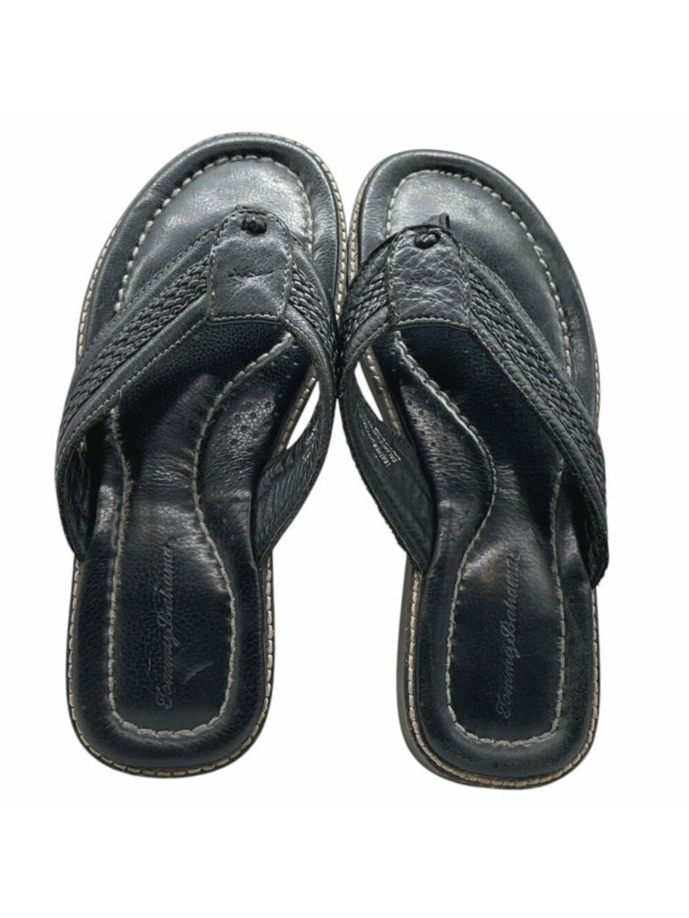 Tommy Bahama Woven Black Leather Flip Flops Men's 11 Anchors Away Thong Sandals